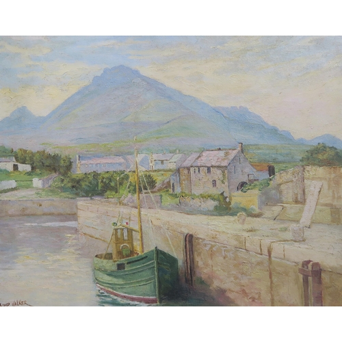 940 - DAVID BOND WALKER Harbourside with fishing boat, signed, oil on canvas, 41 x 51cm... 