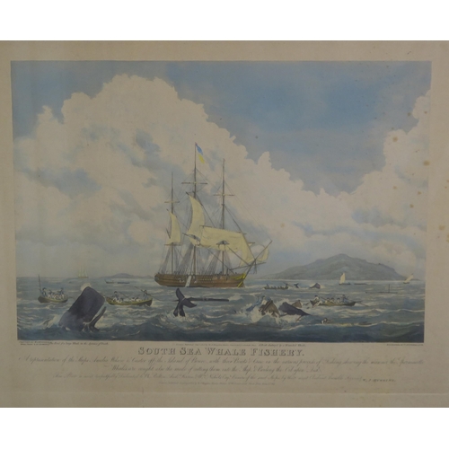 947 - AFTER W.J.HUGGINS ENGRAVED BY SUTHERLAND South Sea whaling fishery, colour engraving, 55 x 70cm... 