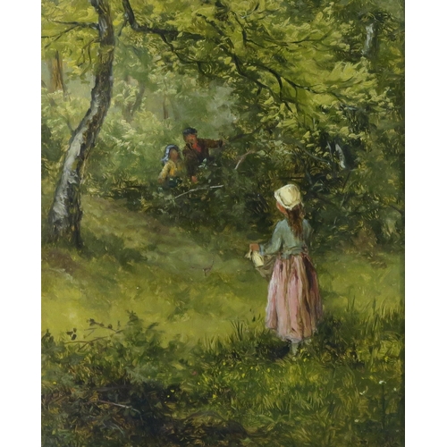 950 - ENGLISH SCHOOL Gathering leaves and another, oil on canvas, 25 x 20cm (2)