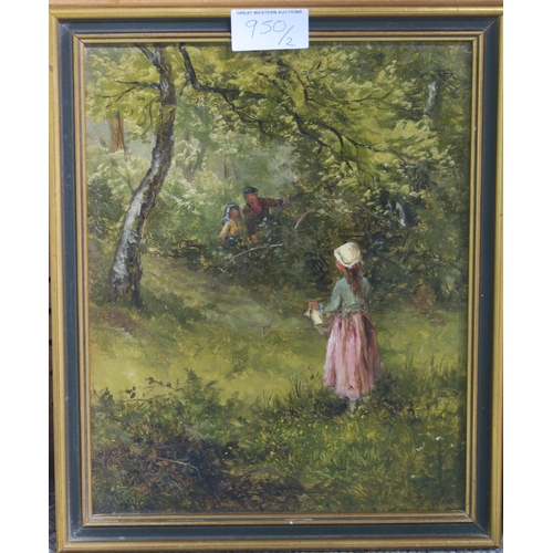 950 - ENGLISH SCHOOL Gathering leaves and another, oil on canvas, 25 x 20cm (2)