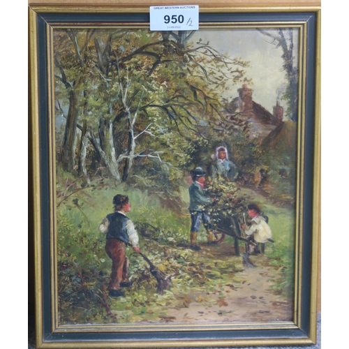 950 - ENGLISH SCHOOL Gathering leaves and another, oil on canvas, 25 x 20cm (2)