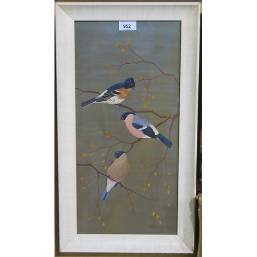 952 - RALSTON GUDGEON RSW Bullfinches, signed, watercolour, 49 x 24cm