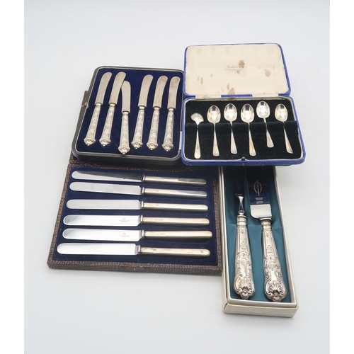 440 - A selection of cased silver including silver bladed and handled fruit knives, the handles with cast ... 