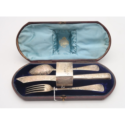 444 - A Victorian silver christening set, chased on both sides with birds and flowers, by Martin Hall &... 