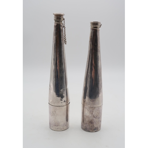 454 - Two EPNS drinks flasks modelled as slender bottles, one with engraved crest to detachable beaker (2)