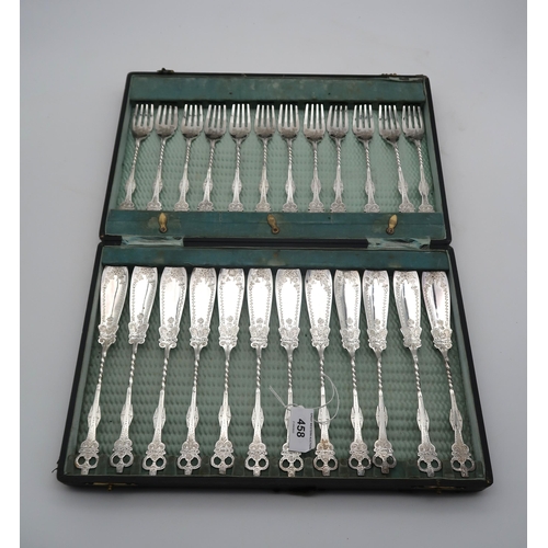 458 - A cased set of silver plated fish knives and forks, with shaped reticulated terminals and wrythen st... 