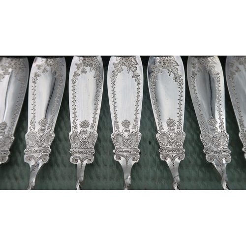 458 - A cased set of silver plated fish knives and forks, with shaped reticulated terminals and wrythen st... 