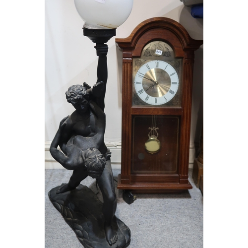 201 - Two wall clocks, assorted figures, glass vase etc