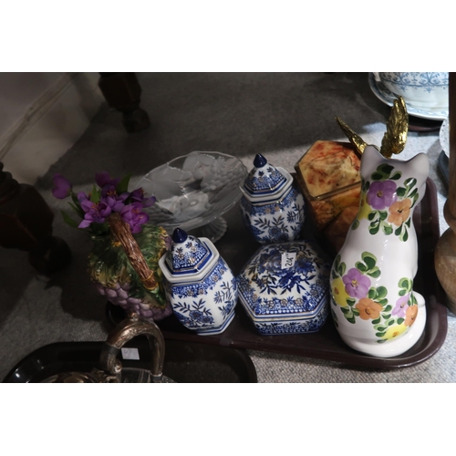 206 - Assorted blue and white plates, crystal bowls and decanter, EPNS tea and coffee pot etc