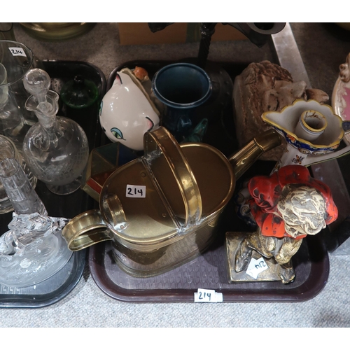 214 - Assorted crystal, a blue mirror glass witches ball, a pottery tureen, cover on stand and other items