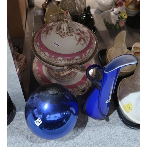 214 - Assorted crystal, a blue mirror glass witches ball, a pottery tureen, cover on stand and other items