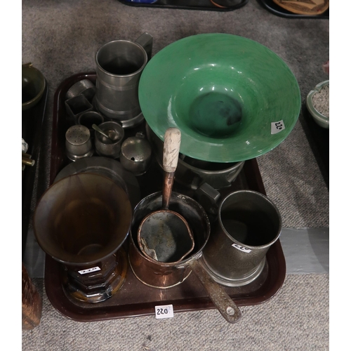 220 - Assorted ornaments, pewter, copper, green glass bowl etc