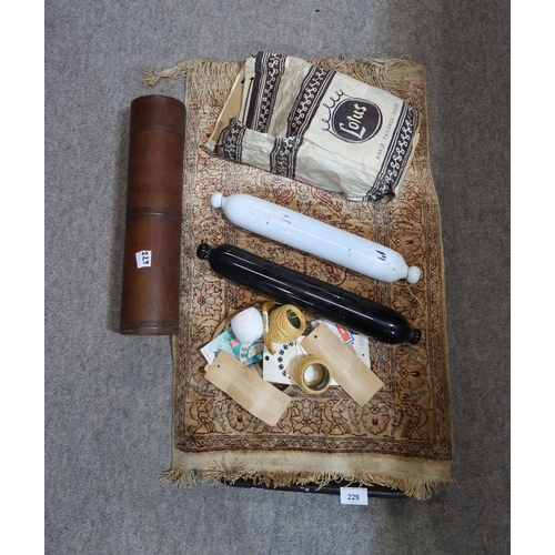 229 - A silk prayer rug, a bamboo pot and lid and two glass rolling pins, glass dishes etc