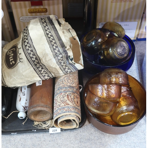 229 - A silk prayer rug, a bamboo pot and lid and two glass rolling pins, glass dishes etc