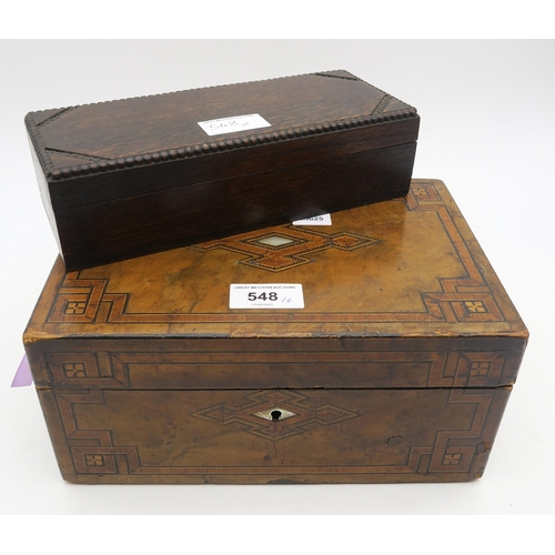 548 - An inlaid walnut sewing box, with mother of pearl escutcheons and fabric lined interior, containing ... 