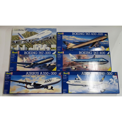 636 - Six Revel and Heller commercial aircraft kits, comprising various Boeing 747 sub-types, an Airbus A3... 