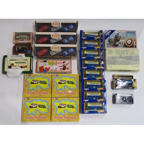 637 - A collection of boxed Corgi die-cast models, including multiple open-top Guernsey buses and Jersey I... 