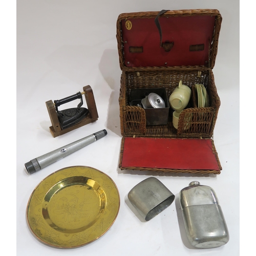 649C - A mixed lot, to include a picnic set in wicker carry case, a large travel flask, an iron, an eastern... 