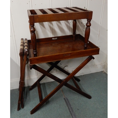 10 - An early 20th century mahogany luggage stand, butlers tray and two folding tray stands (3)