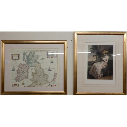 102 - A lot of two framed prints, a framed map of Britain and Ireland and an upholstered footstool (4)