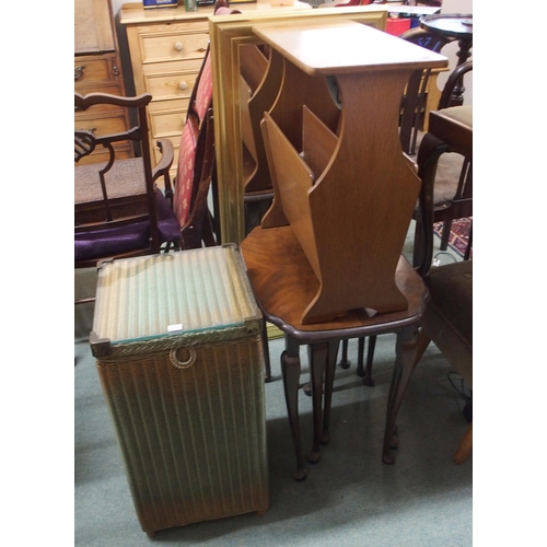 163 - A 20th century two door cabinet, nest of three tables, magazine rack and Lloyd loom style hamper (4)