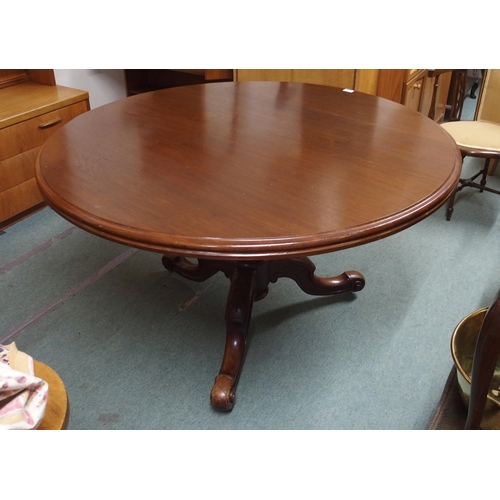 176 - A Victorian mahogany circular tilt top breakfast table on tripod base with fitted Indian table cloth... 