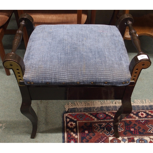 187 - An early 20th century mahogany and brass mounted adjustable piano stool