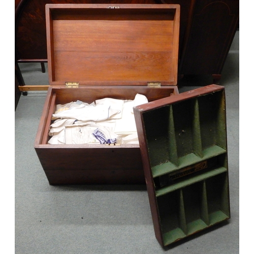 20 - A Victorian oak silver chest converted into a blanket chest with assorted linens