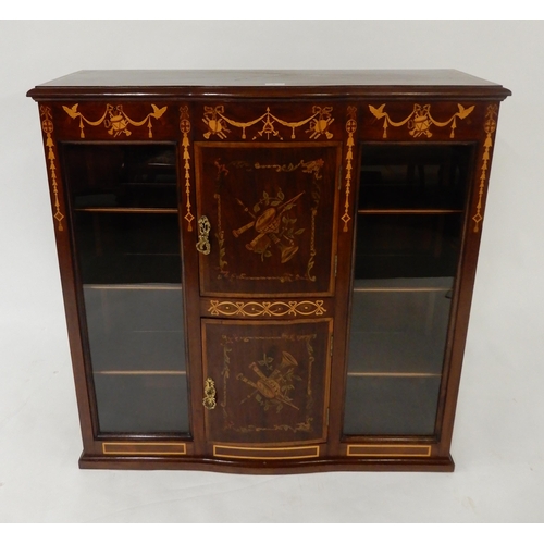 3 - A late Victorian mahogany and satinwood cabinet with two central cabinet doors painted with musical ... 