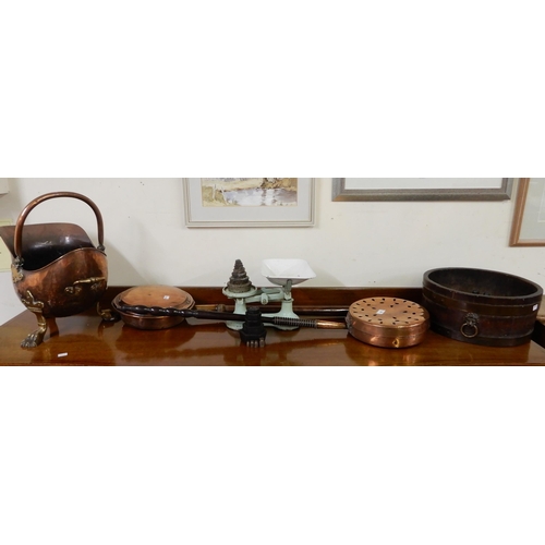 38 - A mixed lot to include a copper coal depot, two copper bed warmers, coopered tub and a set of scales