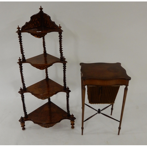 6 - A Victorian walnut four tier barley twist corner whatnot and a mahogany sewing table (2)