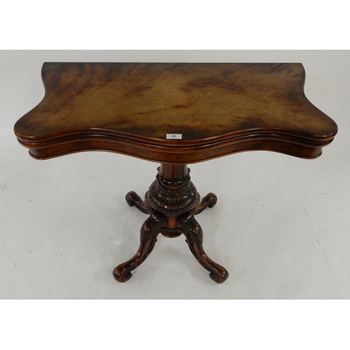 65 - A Victorian walnut serpentine front fold over tea table on baluster quadrupedal base