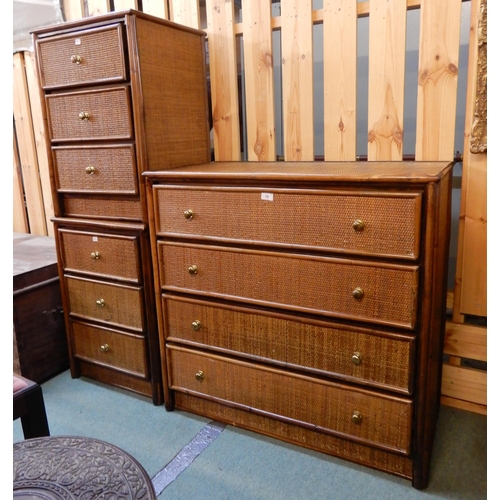 79 - A contemporary bamboo and wicker chest of four drawers and an accompanying pair of three drawer beds... 