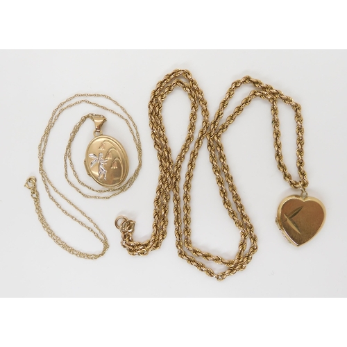 A 9ct back & front heart shaped locket on a 9ct gold rope chain Length 64cm, together with an oval locket with a fairy design on a thinner rope chain, length 47cm, weight together 11.9gms