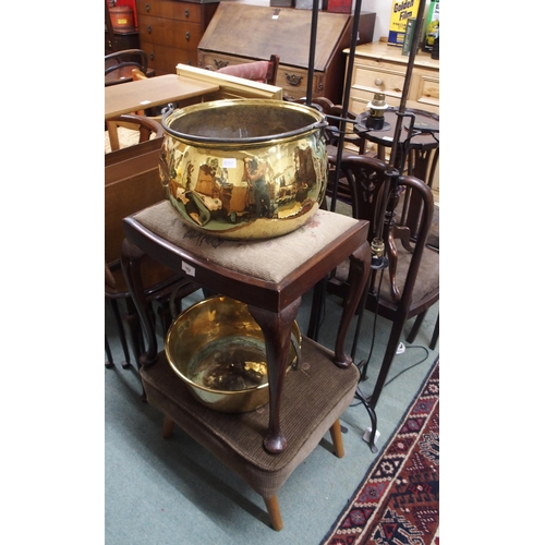 162 - A mix lot to include two upholstered footstools, three metal standard lamps, brass cauldron, jelly p... 