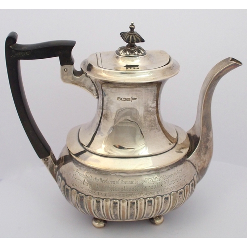 187 - A matched five piece silver tea service including spirit kettle on stand