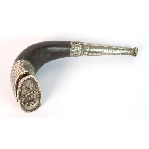 271 - A 19th Century Indian horn and silver mounted powder flask