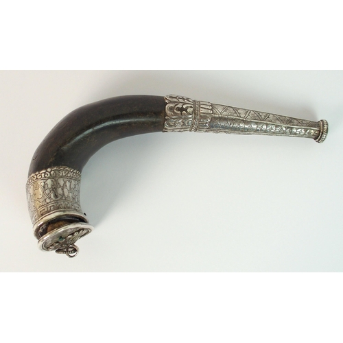 271 - A 19th Century Indian horn and silver mounted powder flask