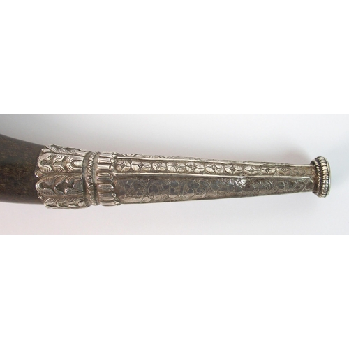 271 - A 19th Century Indian horn and silver mounted powder flask