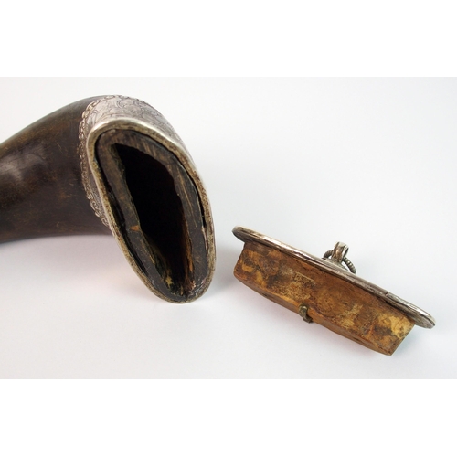 271 - A 19th Century Indian horn and silver mounted powder flask