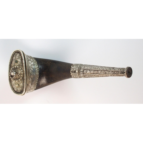 271 - A 19th Century Indian horn and silver mounted powder flask