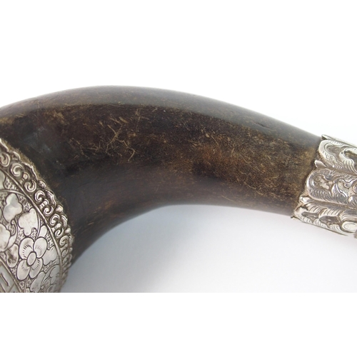 271 - A 19th Century Indian horn and silver mounted powder flask