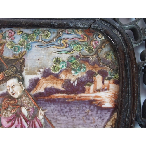 64 - A Cantonese famille rose shield shaped panel