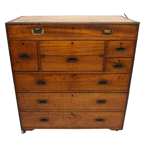 789 - A camphorwood and brass bound military campaign secretaire chest