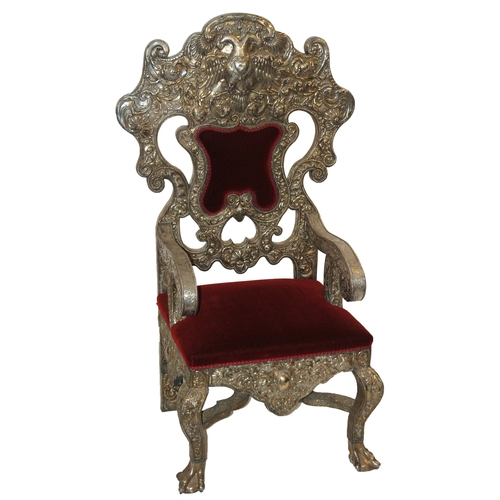 868 - An impressive Spanish Colonial silver repousse mounted throne armchair