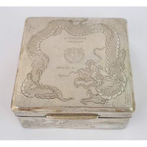 87 - A Chinese silver square presentation cigarette box