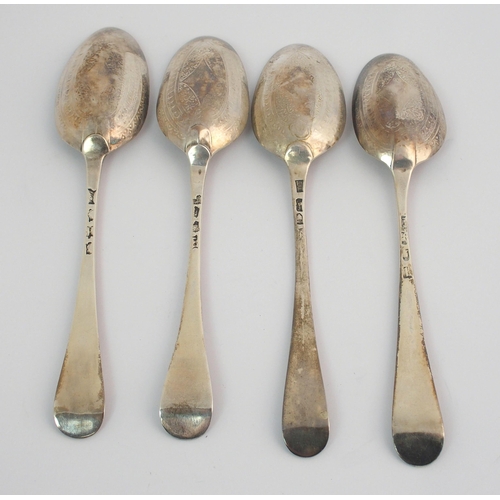 167 - A cased harlequin set of four Georgian silver tablespoons