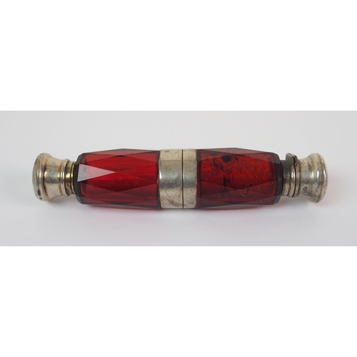 280 - A white metal mounted cranberry glass doubled ended scent bottle