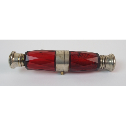 280 - A white metal mounted cranberry glass doubled ended scent bottle