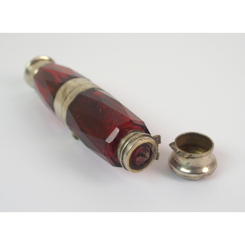 280 - A white metal mounted cranberry glass doubled ended scent bottle